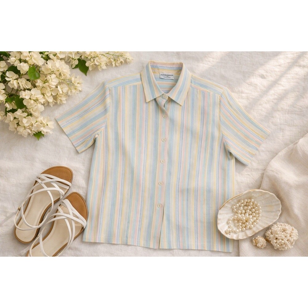 Vintage Pastel Stripe Cottagecore Grandmacore Blouse Floral Button Easter Top